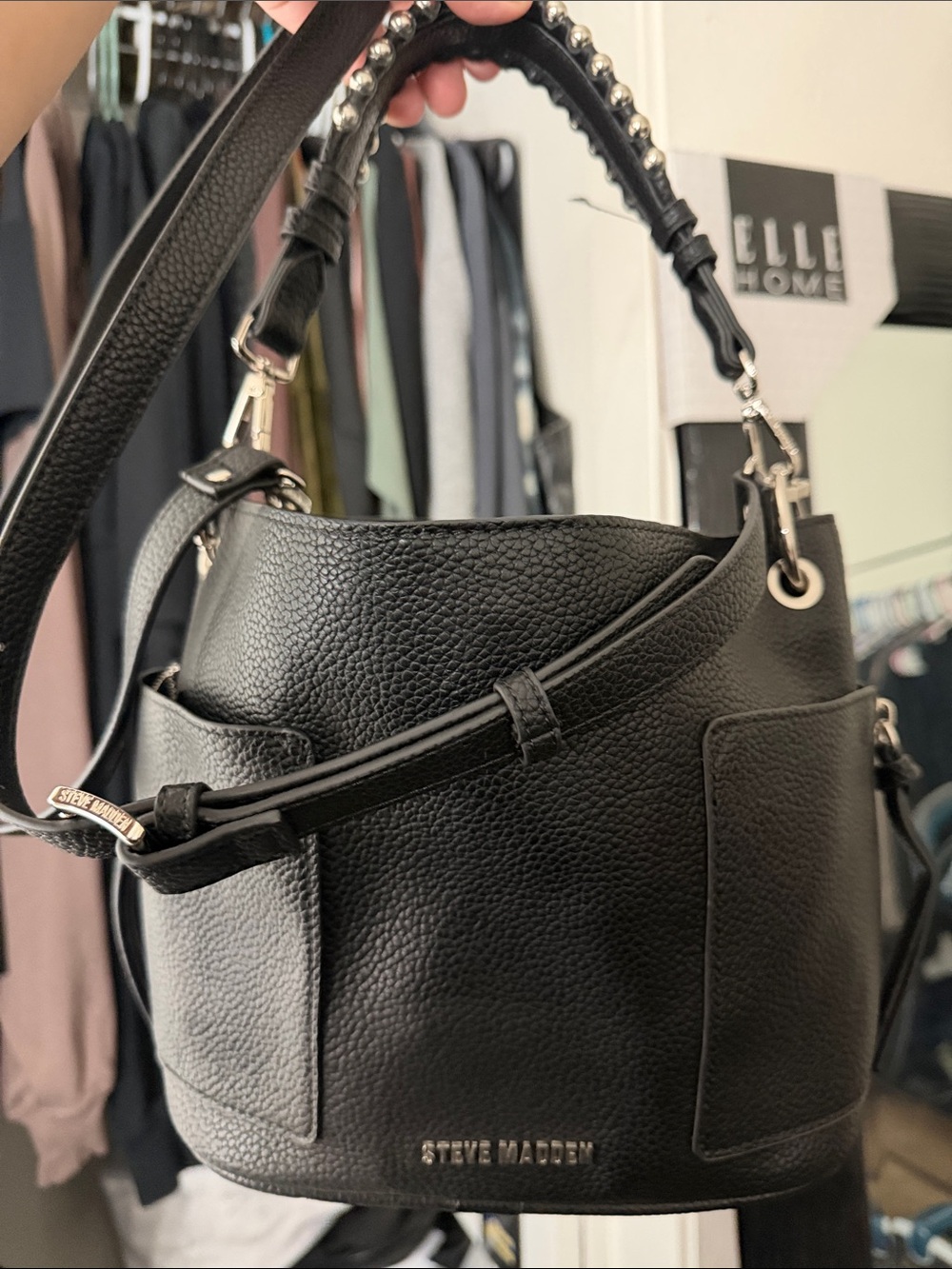 Steve Madden Black Pebbled Leather Stud-Handle Bucket Bag